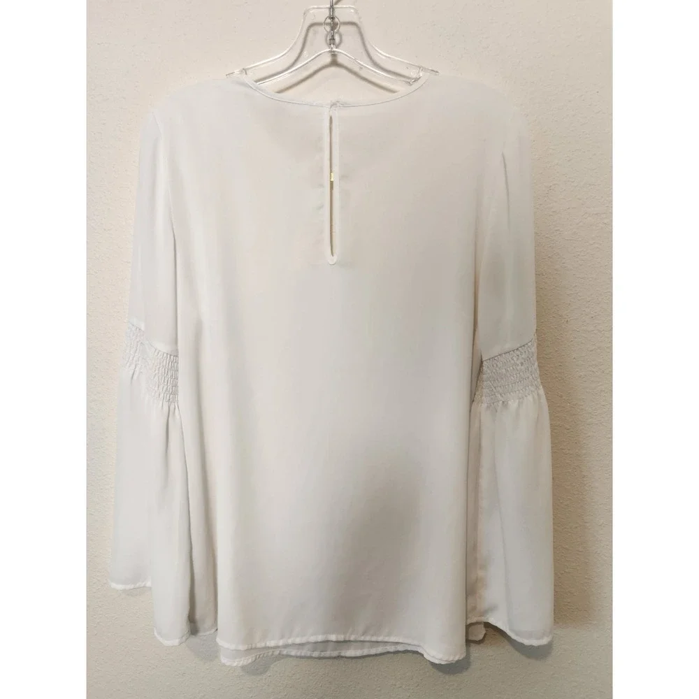 Michael Kors White Chiffon Top Peasant Elastic Smocked Sleeves Keyhole Front Med
